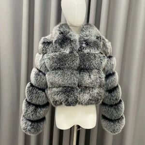 Luxurious Silver Fox Fur Puffer Jacket in Black and Gray